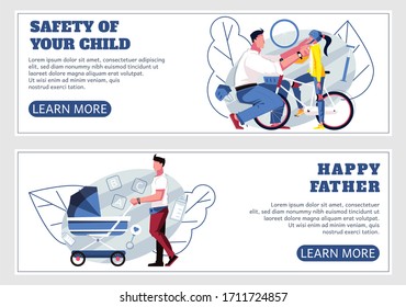 Dad banner flat set of two horizontal banners with learn more button text and family characters vector illustration