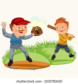 Dad in baseballcap with ball and glove hand playing with son baseball, boy player holding bat that would fight off blow, family weekend vector illustration, happy fathers day