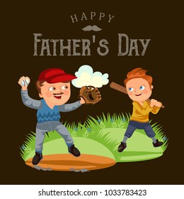 Dad in baseballcap with ball and glove hand playing with son baseball, boy player holding bat that would fight off blow, family weekend vector illustration, happy fathers day