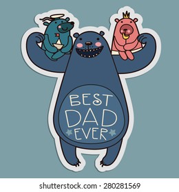 Dad Bear  playing with his kids. Vector illustration.