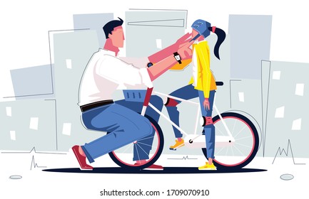 Dad bike composition with flat cityscape background and father settling cycle helmet on daughter with bicycle vector illustration