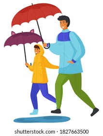 Dad in blue jacket or windbreaker, green pants, red umbrella walking with his daughter in yellow raincoat, rubber boots, funny eared umbrella. Autumn rain, puddles