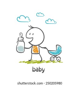 Dad with a bottle and a stroller with a baby illustration