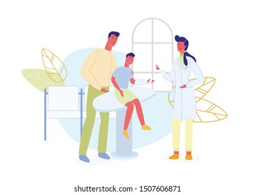 Dad and Boy with Broken Hand at Reception at Doctor. Woman Doctor in White Coat. Treat Teeth. Vector Illustration. Family Situations. Child T-Shirt Blue with Bandaged Hand in Hospital.