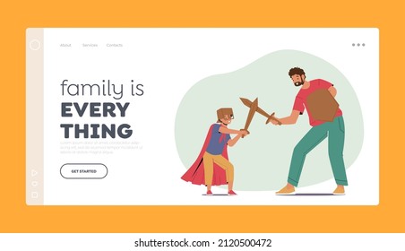 Dad and Boy Fooling Landing Page Template. Happy Family Characters Playing in Knights. Father and Son Fighting on Wooden Swords, Childhood, Togetherness Concept. Cartoon People Vector Illustration