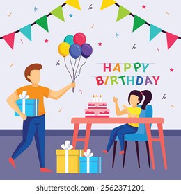 Dad Bringing lot of Gifts for Her Little Daughter concept, Man holding Balloon and Boxes vector design, special anniversary events card, Cheers to another year banner, indoor Party People illustration