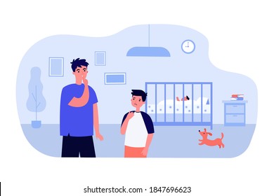 Dad and brother keeping silence when baby sleeping. Cot, room, dog flat vector illustration. Family and children concept for banner, website design or landing web page