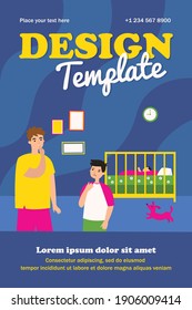 Dad and brother keeping silence when baby sleeping. Cot, room, dog flat vector illustration. Family and children concept for banner, website design or landing web page