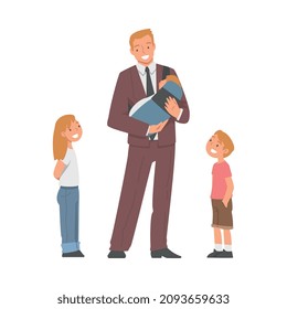Dad Businessman Wearing Suit and Tie Holding Newborn Baby with His Arm and Standing with His Son and Daughter Vector Illustration