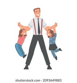 Dad Businessman Wearing Tie Holding Lifting His Daughter Hanging On His Arm Vector Illustration