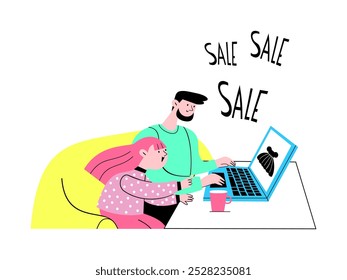 Dad buys his daughter a dress during discounts. Vector shopping illustration.
