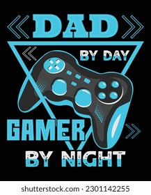 Dad by day gamer by night, funny,  t-shirt, Template design, and apparel trendy design with palm tree silhouettes, typography, print, and joystick gamepad illustration.