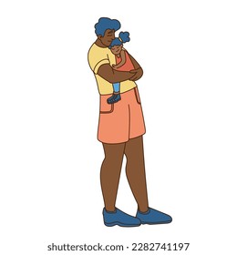 Dad carries his daughter in his arms Cheerful cartoon characters. Vector illustration. Happy Family Sparetime of Kids and Daddy on Maternity Leave.