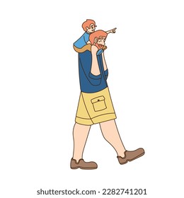 Dad carries his daughter in his arms Cheerful cartoon characters. Vector illustration. Happy Family Sparetime of Kids and Daddy on Maternity Leave