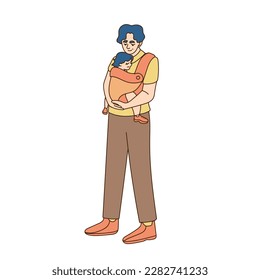 Dad carries his daughter in his arms Cheerful cartoon characters. Vector illustration. Happy Family Sparetime of Kids and Daddy on Maternity Leave