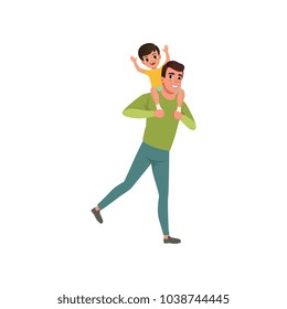 Dad carrying son on his shoulders, loving father and kid spending time together vector Illustration on a white background