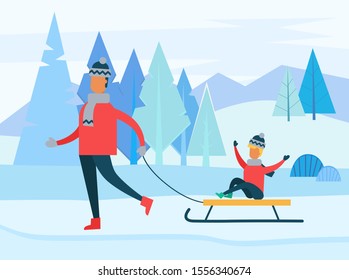 Dad carrying son sitting on sleigh near snowy spruce. Happy father and kid walking with sledge in forest near fir-trees on mountains in winter season. People have fun with wintertime activity on snow
