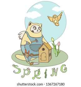 dad cat making a birdhouse