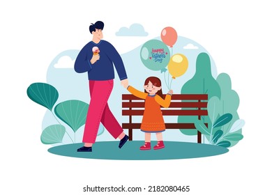 Dad celebrates father's day by taking his kids for a walk Illustration concept on white background