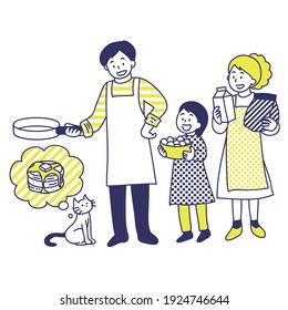 Papá está a cargo del desayuno en las vacaciones. Ilustración de hacer tartas calientes con la familia