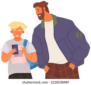 Dad checking sons phone, controls his communication and violates personal space, father and son are using smartphones and smiling while spending time together at home. Concept Fatherhood child-rearing