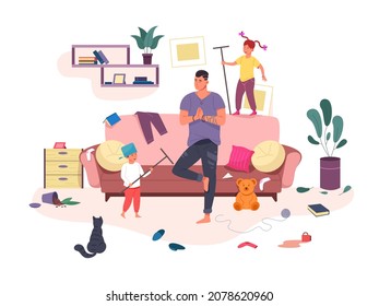 Dad And Child Chaos. Calm Father Meditates Among Mischievous Kids, Family Home Mess, Parent Composure, Happy Fatherhood, Children Play Game Indoor House, Garish Vector Illustration. Dad In Chaos