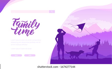 Dad with child during outdoor activities, in the lap of nature. Happy weekend in the country, with your family. Vector illustration design concept.