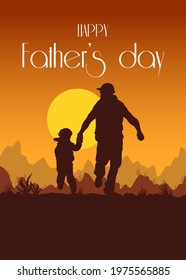 Dad and child in nature at sunset.  Greeting card with lettering Happy Father's Day and silhouette of father and daughter on background of epic landscape with sun, sky, forest and mountains   