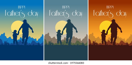Dad and child in nature at sunset.  Set of Greeting card with lettering Happy Father's Day and silhouette of father and daughter on background of epic landscape with sun, sky, forest and mountains   