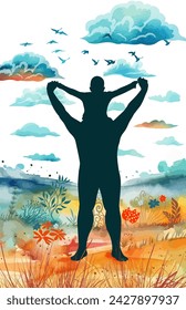 Dad and child silhouette in nature. Happy Father's Day. hand drawing. Not AI. Vector illustration