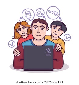 Dad with children buying toys via laptop. Shopping online at big sales. Process of buying goods via Internet. Electronic commerce and digital environment. Vector illustration in cartoon style