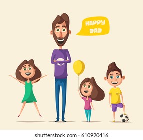 Dad and children character. Cartoon vector illustration. Happy father, friendly kids. Positive emotions. Beautiful family.