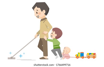 Dad and children cleaning with floor wipers