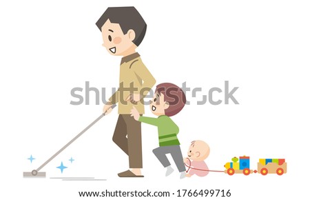 Dad and children cleaning with floor wipers