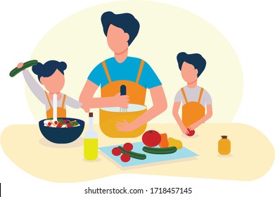 Dad and the children are cooking together in the kitchen. Preparation of dishes. Cooking with the family. Parents with children are engaged in the same business.Cooks in the kitchen. Vector.