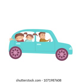 Dad with children driving car happy travelling vector cartoon illustration