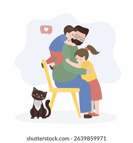 Dad and children. Happy father hugging with kids. Parent plays with kids. Happy family, relationship. Weekend time. Upbringing and care of children. flat vector illustration