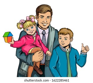 Dad with children, son and daughter. Image of a man, boy and girl in the style of pop art, retro, realism. Decorative greeting card with father's and family's Day, suitable for advertising.