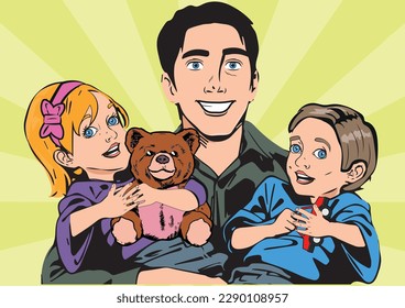 dad with children in their arms. pop art retro illustration 50s 60s style. Pop art retro vector illustration kitsch vintage 50s 60s style.