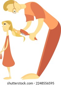 dad combing daughter's hair caring father, happy family