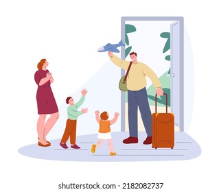 Dad come back to home from trip or work. Welcome father, happy little children meeting parent. Family life together, man play with kicky kids vector scene