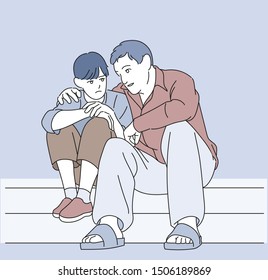 Dad is comforting his depressed son. hand drawn style vector design illustrations. 
