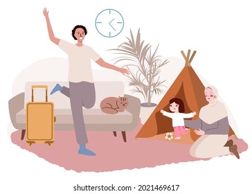 Dad Coming Home With Suitcase Then Play Brown Tent With His Daughter , And Wife, He Looks Likes Happy, Their Cat Sit In Sofa In Their Living Room