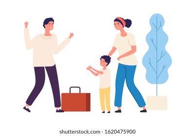 Dad Is Coming Home From Work. Vector Happy Family Concept. Cute Child, Wife And Husband