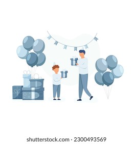 Dad congratulate his son with birth and gives a present for child. Boy standing with gift box near balloons and huge gift boxes. Happy birthday concept