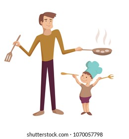 Dad cooks with son fties on pan vector cartoon illustration