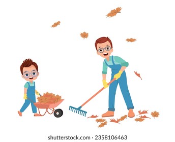 dad and cute boy cleaning dried leaves