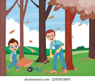 dad and cute boy cleaning dried leaves