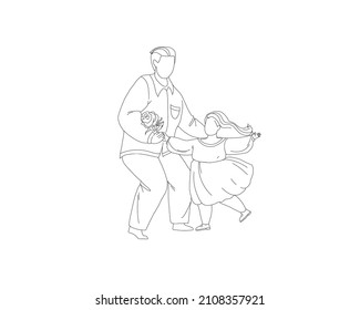 Dad dancing with daughter line vector illustration. Family dance, fathers day, adorable little princess dancer concept