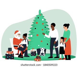 Dad and daughter of African Americans came to visit Santa Claus. The girl is sitting in Santa's arms. Mom and daughter are waiting for their turn. Flat vector illustration.
